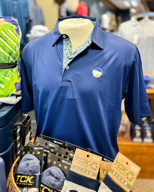 Cotton Brothers | Polo, Navy with Green Floral Collar