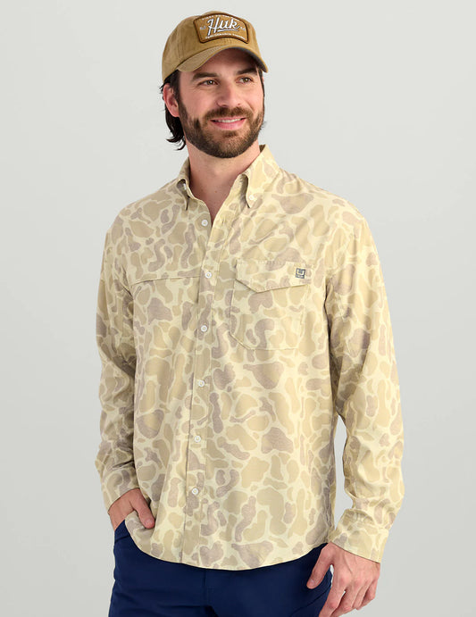 Huk | Tide Point Long Sleeve Button Down, Sand Camo