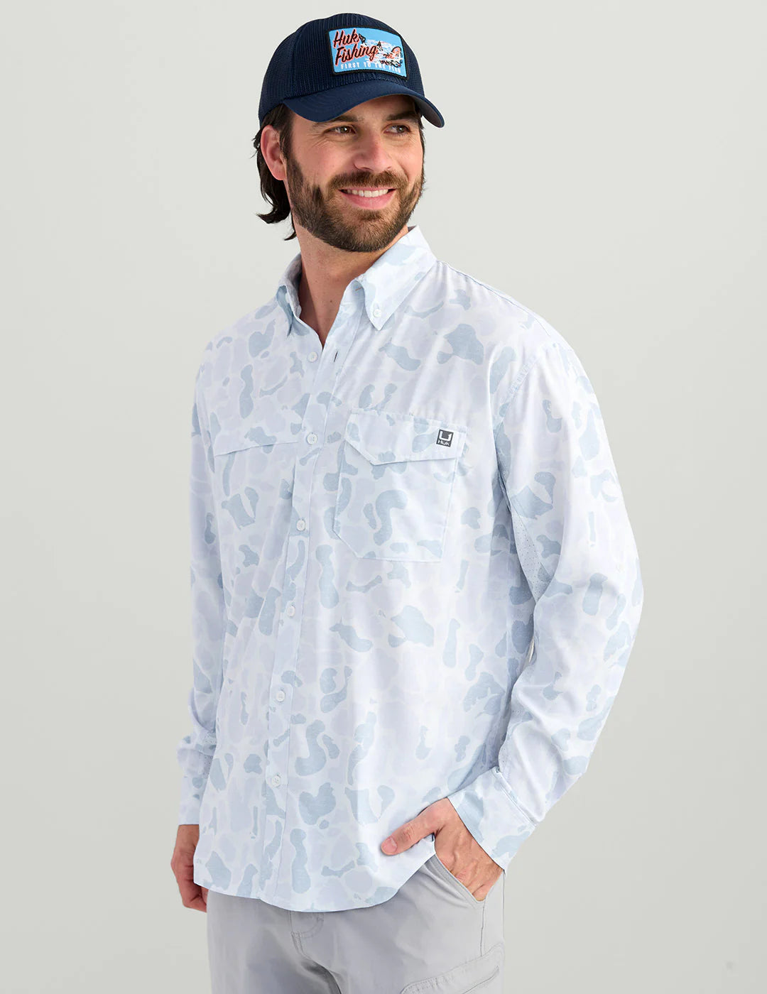 Huk | Tide Point Long Sleeve Button Down, Sky Camo