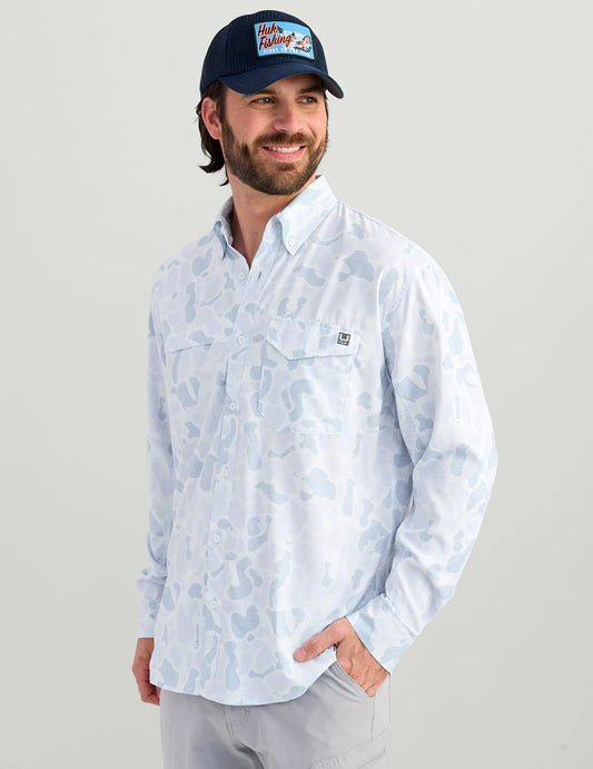 Huk | Tide Point Long Sleeve Button Down, Sky Camo