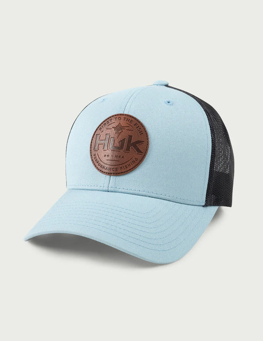 Huk | Leather Patch Trucker Hat, Silver Blue