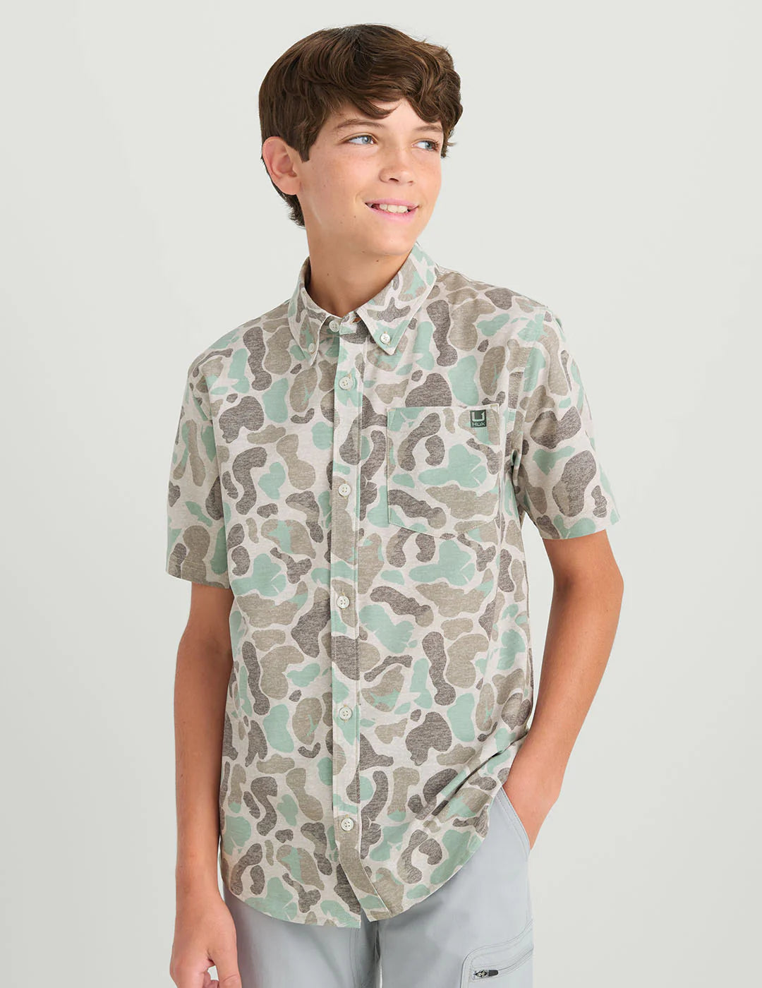 Huk | Youth - Kona Button Down, Volcanic Ash Camo
