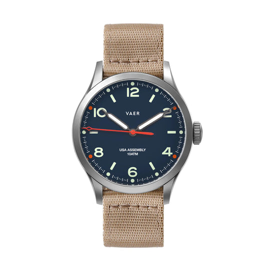 Vaer Watch, C5 Design Navy - 40mm USA Solar | Nylon Khaki Band