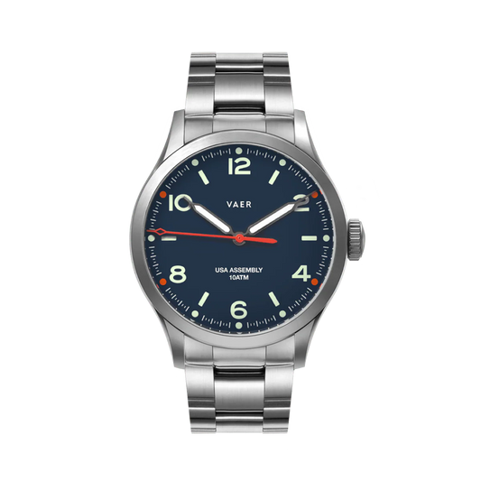 Vaer Watch, C5 Design Navy - 40mm USA Solar | Steel Bracelet